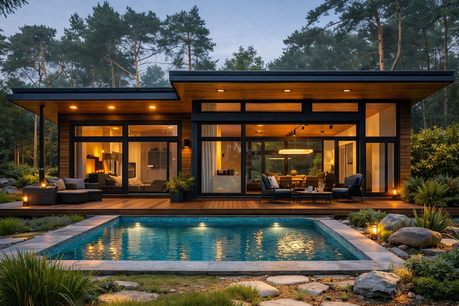 Casa em metal, madeira e vidro com piscina, à noite, cercada pela mata em Caminhos da Marquesa