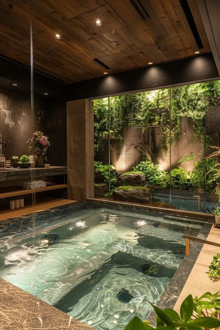 Perspectiva interna da casa, com spa privativo em ofuro, madeira e luz natural
